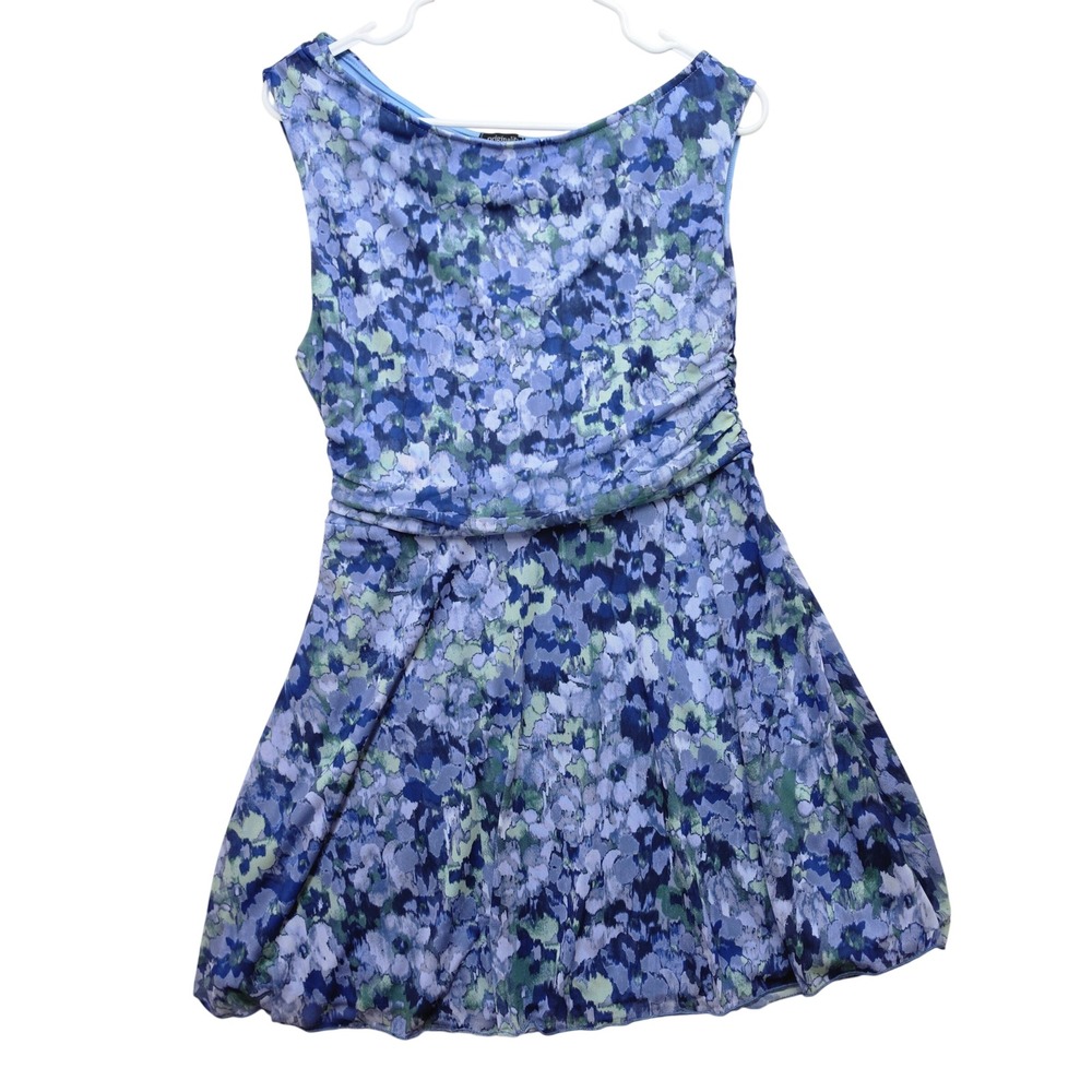 Originality Blue Floral Mesh Overlay Boatneck Ruched Side Mini Dress Medium